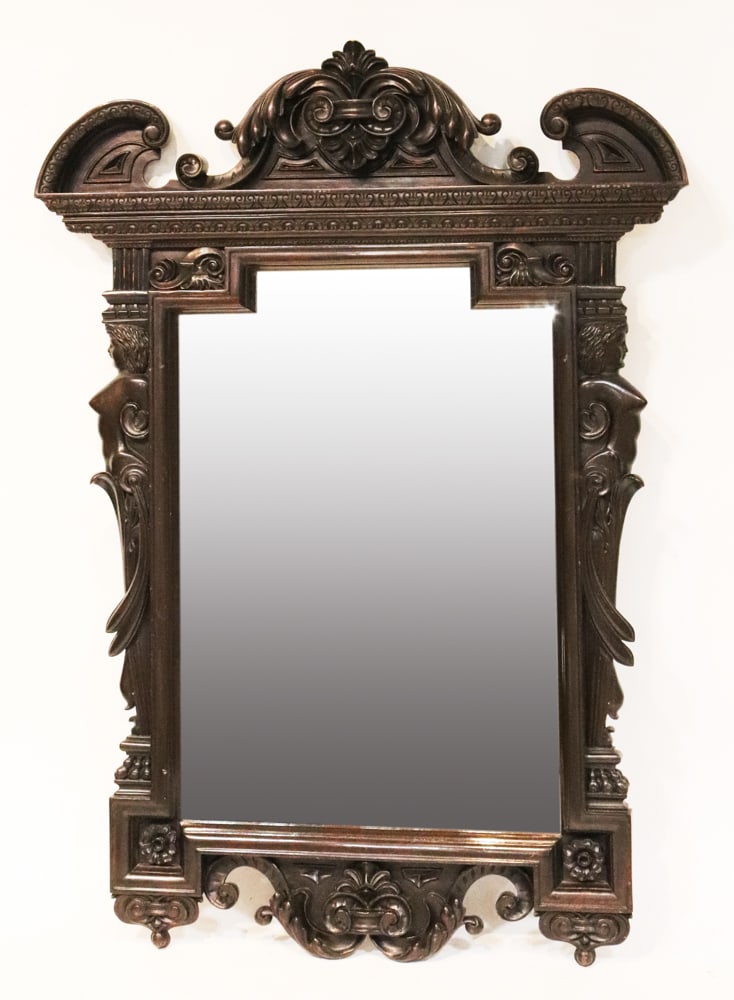 Antique Italian Renaissance-Style Walnut Mirror: Antique Italian Renaissance-style walnut mirror, 58" x 42". Good condition. Provenance: Estate of Robert Eigelberger, Palm Beach, Florida.