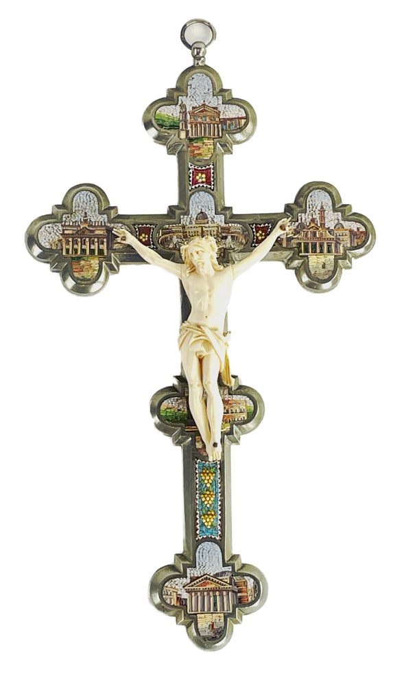 19thC Italian Micromosaic Inlaid Crucifix: 19th century Italian micromosaic inlaid crucifix with views of Rome, carved bone figure of Christ attached, 12" x 7". Good condition. Provenance: Estate of Robert Eigelberger, Palm Beach, Florida.
