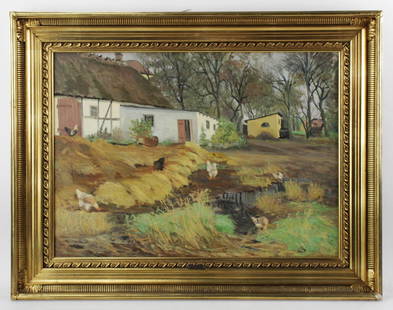 Carl Nielsen, The Old Farm, Oil on Canvas: Carl Nielsen (Danish, 1888-1960), "The Old Farm", oil on canvas, initialed, 19" x 26", framed 25" x 32". Good condition. Provenance: Estate of Robert Eigelberger, Palm Beach, Florida.