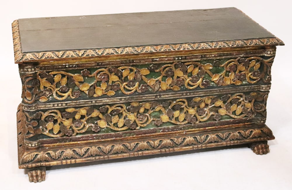 18/19thC Italian Florentine Carved Cassone: 18th/early 19th century Italian Florentine carved giltwood cassone having paw feet, 24" H x 48" W x 21" D. Good condition. Provenance: Estate of Robert Eigelberger, Palm Beach, Florida.