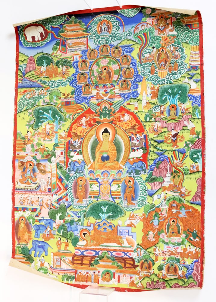 Tibetan Hand-Painted Thangka: Tibetan hand-painted thangka, 30" x 21". Good condition. Provenance: Estate of Robert Eigelberger, Palm Beach, Florida.