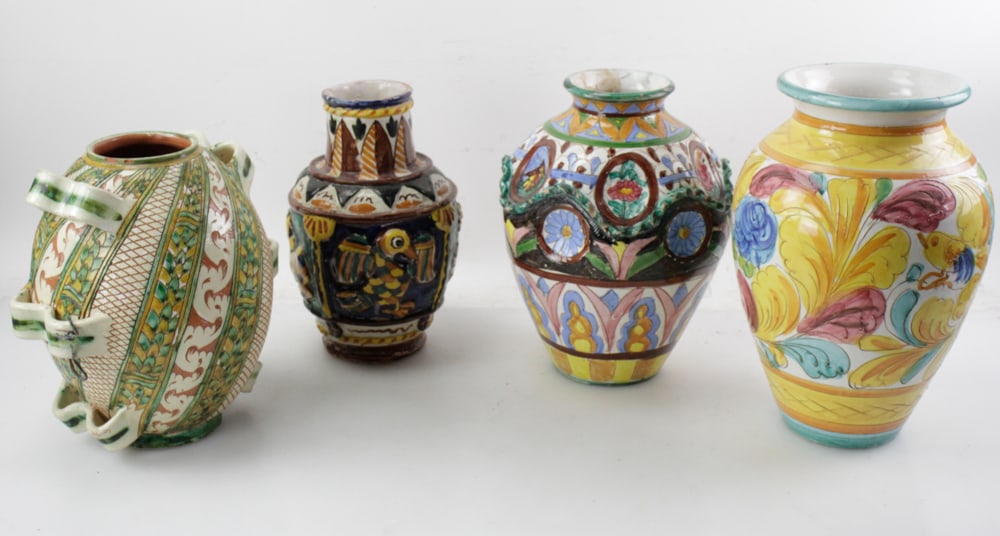 Italian Majolica Vases: Italian majolica vases, tallest 14", (4) total. Minor chips. Provenance: Estate of Robert Eigelberger, Palm Beach, Florida.