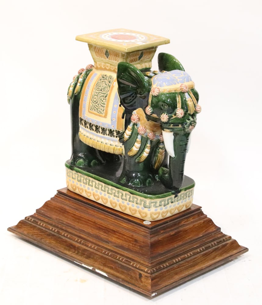Majolica Elephant Seat on Wood Stand (1 of 6)