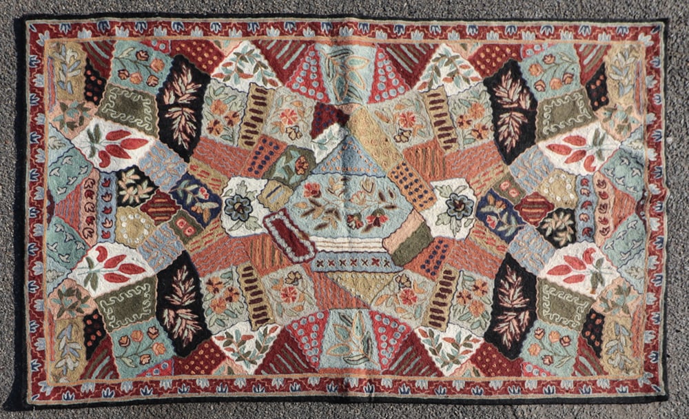Unusual Crewel Patchwork Handmade Rug: Unusual crewel patchwork handmade rug having linen backing, 4' 7" x 2' 9". Good condition.