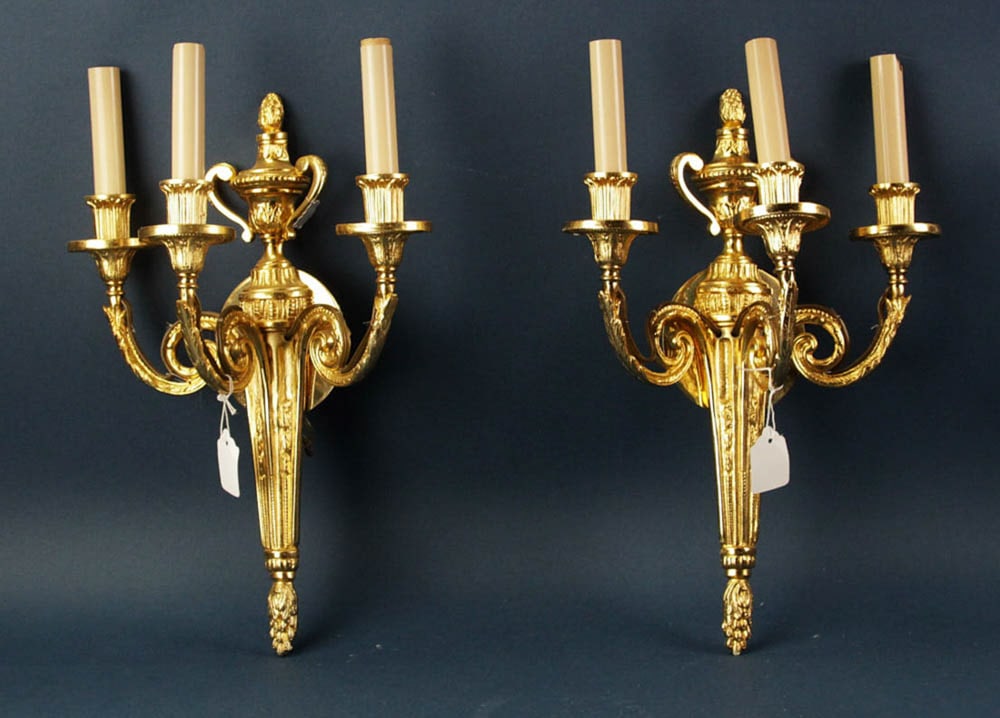 Pair of Gilt Bronze 3-Arm Electric Wall Sconces (1 of 7)