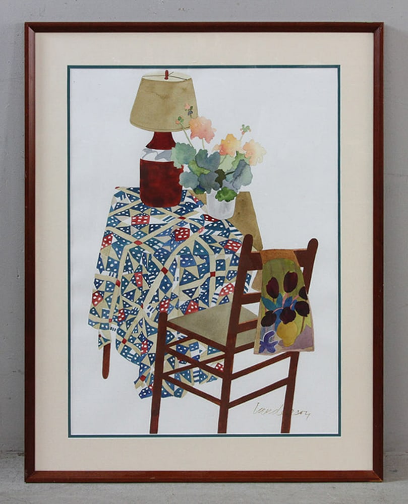 Lunderson, Table and Chair, Watercolor: Lunderson, table and chair with bouquet, watercolor, 36 1/2" x 28 1/2". Provenance: Collection to benefit The Southampton Hospital Association, Southampton, New York.