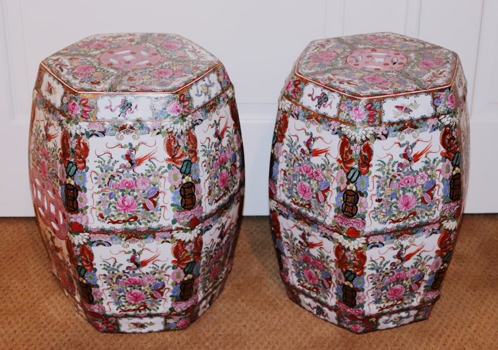 Pair of Chinese Rose Medallion Garden Seats: Pair of Chinese Rose Medallion garden seats, 19" x 14". PLEASE NOTE: To be sold in place at 7 Ashley Ct, Lynnfield, MA. Preview by Appointment; call 978-927-2223.