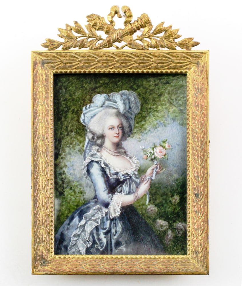 Hand-Painted Portrait of Marie Antoinette: Hand-painted portrait of Marie Antoinette on bone plaque, signed D. H. Denis, gilt and bronze frame 7 1/2" x 5". Provenance: Portsmouth, New Hampshire collection.