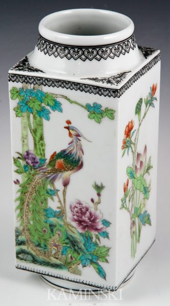 Chinese Republic Famille Rose Vase: Famille rose vase, China, Republic period, square from with black ruyi design at rim and at neck, decorated with a peacock and phoenix, peonies and chrysanthemums, 9 1/4" x 4 3/4".
