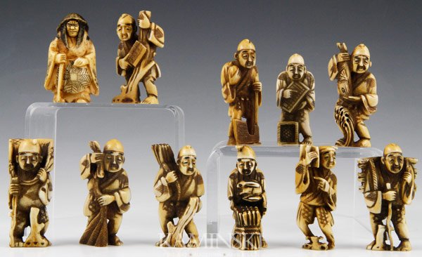 Lot of 11 Japanese Netsukes: Eleven carved netsukes, Japan, largest 2".