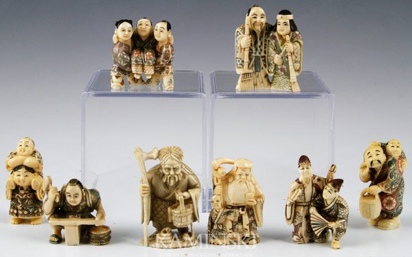 Lot of 8 Japanese Netsukes: Eight netsukes, Japan, 19th/20th century, ivory, largest approximately 2 1/2".