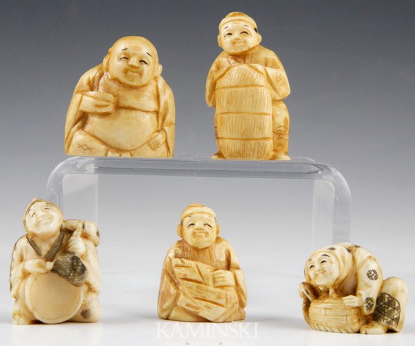 Lot of 5 Japanese Netsukes: Five netsukes, Japan, carved ivory, four full figures and one half figure, largest 2".