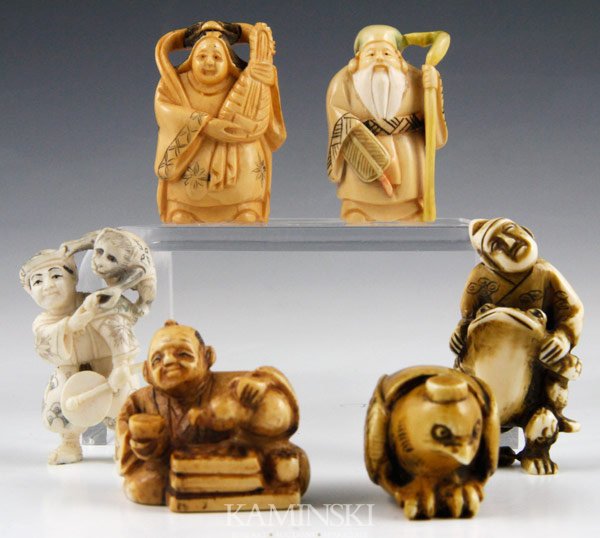 Lot of 6 Japanese 19th/20th C. Netsukes: Six netsukes, Japan 19th/20th century, carved ivory, largest approximately 2".