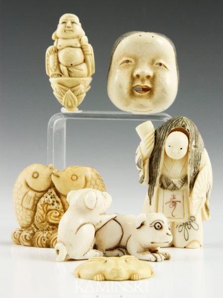 Japanese Carved Ivory Netsukes: Netsukes, Japan, carved ivory, six in total, largest 2".