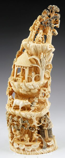 Chinese Ivory Tower: Ivory tower, China, carved with country life scene, 12".