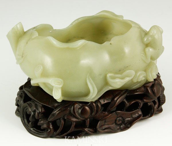 Chinese Jade Brush Washer: Brush washer, China, carved jade, with base 2" x 5 3/4" x 3 1/2".