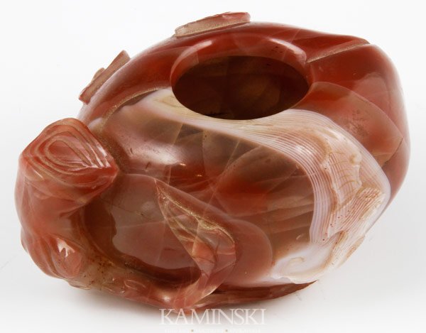 Chinese Brush Washer: Brush washer, China, agate carved with roots and a bat, 1 3/4" x 3 3/8".