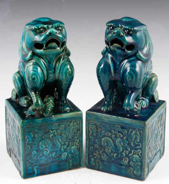 Pair of Japanese Foo Dogs: Pair of foo dogs, Japan, turquoise glaze, 10”.