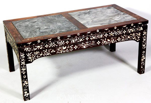 19th C. Chinese Rosewood Table: Low table, China, 19th century, rosewood with inlay of mother of pearl and marble top, 20" x 24" x 45".