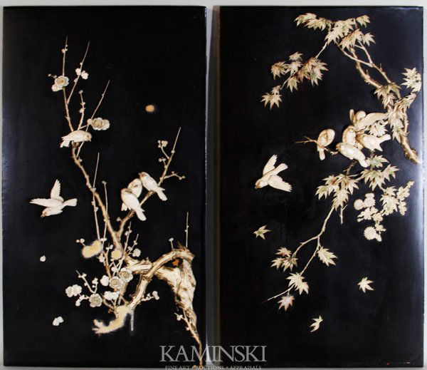 Pair of Japanese Ivory Inlay Panels: Pair of panels, Japan, 19th century, wood panels with ivory inlay in the form of tree branches and birds, 29 3/4" x 16 1/2".