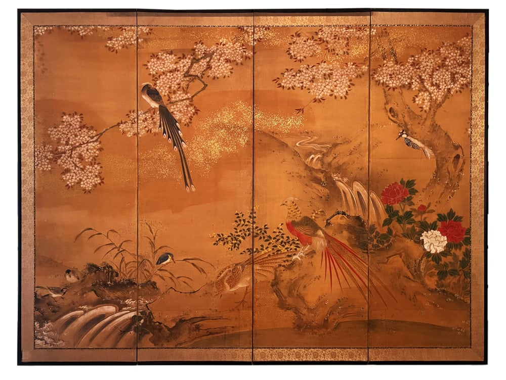 Old Chinese 4-Panel Painted Wall Screen (1 of 3)