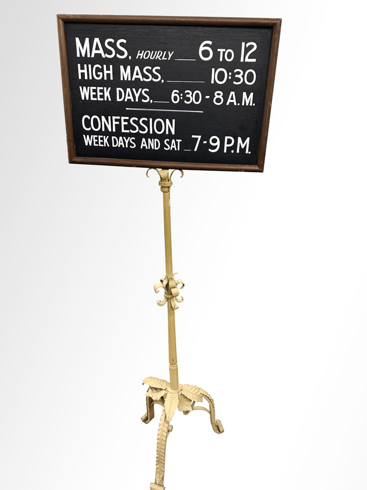 Religious Offerings Sign on Wrought Iron Base: Religious offerings sign on wrought iron base, 70" x 27". Provenance: Palm Beach, Florida estate.