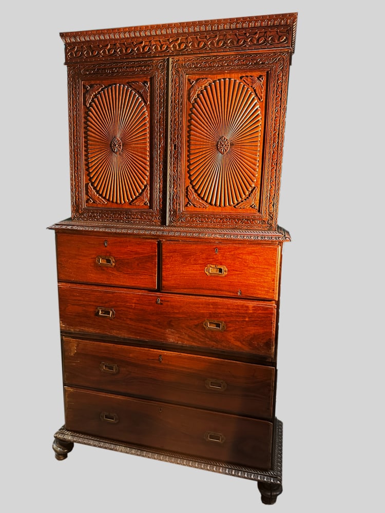 19thC Anglo-Indian Carved Campaign Cabinet (1 of 4)