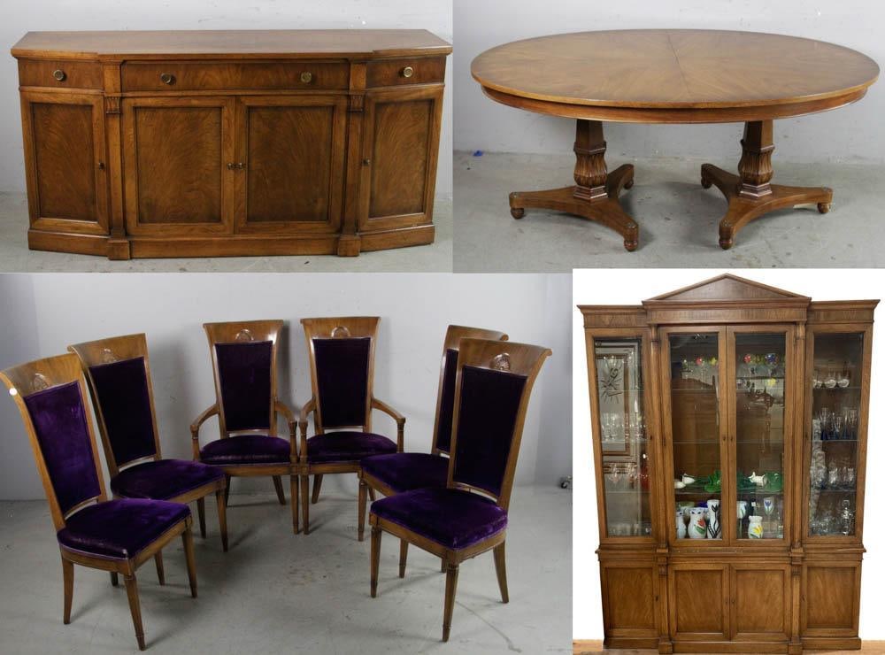 Dining Room Set, Table, Chairs, Sideboard: Dining room set comprising table with (6) chairs, and breakfront sideboard, 33" H x 66" W x 18" D. Provenance: Marblehead, Massachusetts collection.