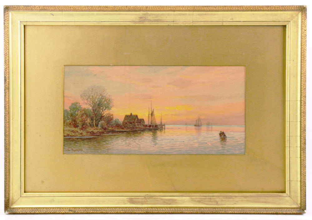 William Frederick Paskell, Harbor View, Watercolor: William Frederick Paskell (London-born/Massachusetts artist, 1866-1951), harbor view, watercolor, signed L/L, 7" x 14", framed and under glass 16" x 22 1/2". Provenance: Beverly, Massachusetts collect