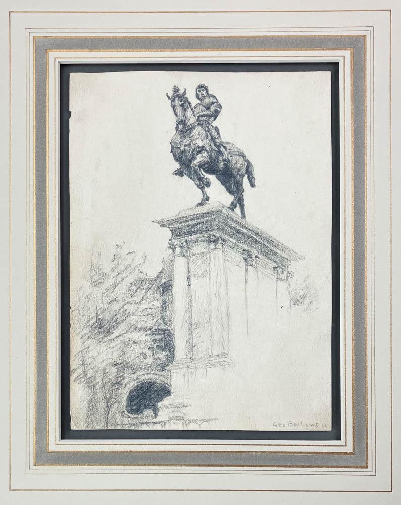 George Bellows, Man on Horse, Pencil Drawing: George Bellows, statue of man on horse, pencil drawing, signed L/R and dated 1916, 9 1/2" x 7". Provenance: Del Mar, California collection.