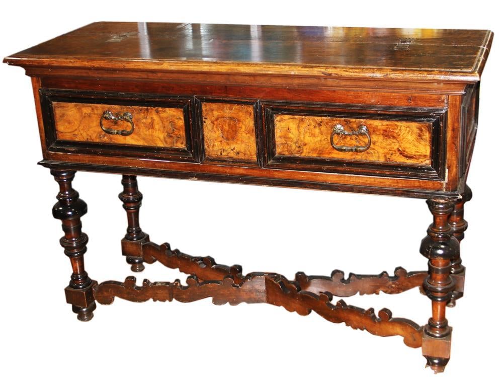 17/18thC Italian Walnut Desk: 17th/18th century Italian walnut desk with winged metal hinges, 40" H x 59" W x 24" D. Good condition. Provenance: Estate of Robert Eigelberger, Palm Beach, Florida.