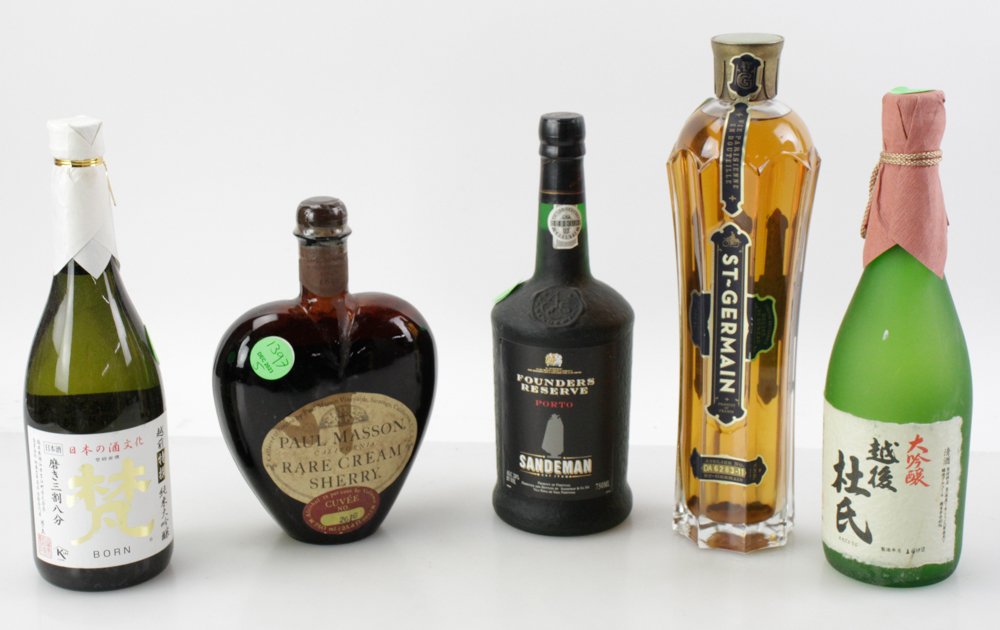 (5) Bottles of Wine and Liquor: Sandeman Port, St Germain, Paul Mason, Cream Sherry, (2) bottles of Japanese sake, (5) bottles total. Provenance: From a Waltham, Massaschusetts estate.