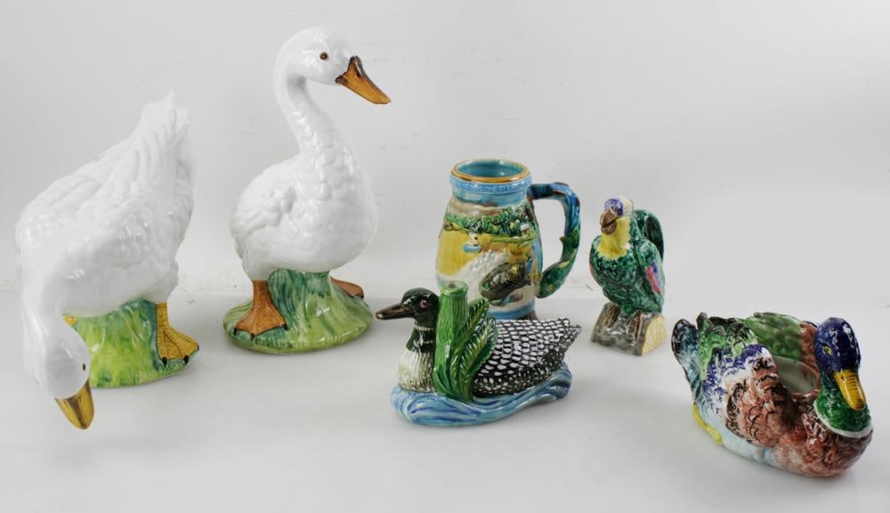 Italian Majolica Ducks, Parrot, etc.: Italian majolica ducks, parrot, etc., tallest 14", lot of (6). Chip on beak of duck. Provenance: Estate of Robert Eigelberger, Palm Beach, Florida.