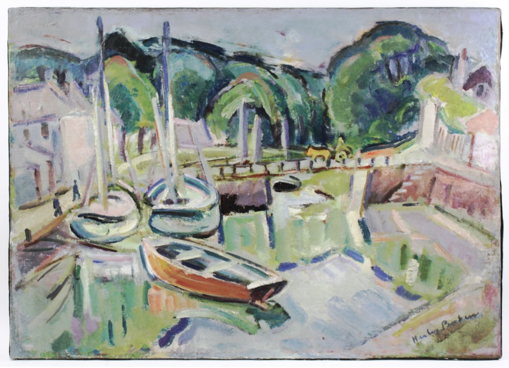 Harley Perkins, Abstract with Sailboats: Harley Manlius Perkins (Massachusetts/Vermont artist, 1883-1964), abstract with sailboats, oil on canvas, signed L/R, 26" x 36". Recently cleaned. Provenance: Marblehead, Massachusetts collection.
