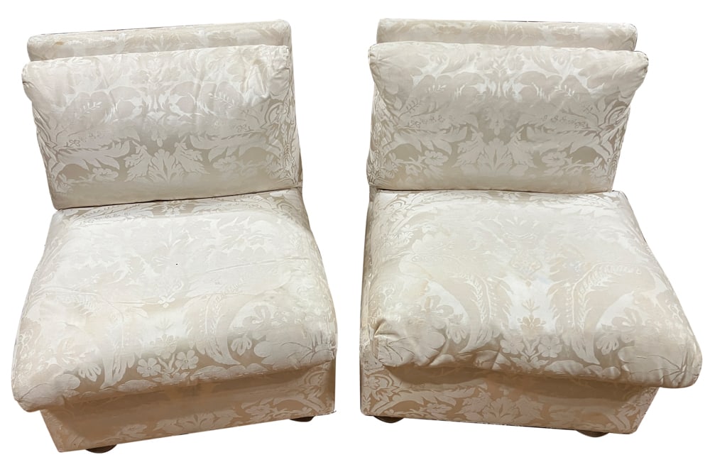 Two Jay Spectre Upholstered Chairs: Two Jay Spectre upholstered chairs with Lucite feet, 34" x 33" x 27". Provenance: Lake Worth, Florida collection.