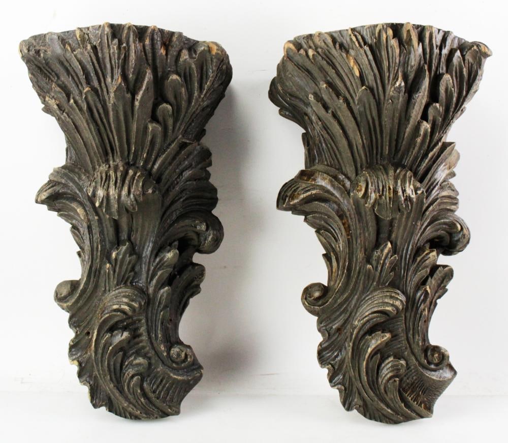Pair of 19thC Carved Leaf Wood Brackets: Pair of 19th century carved leaf wood brackets, 21" x 11" x 10". Provenance: Southern Connecticut collection.
