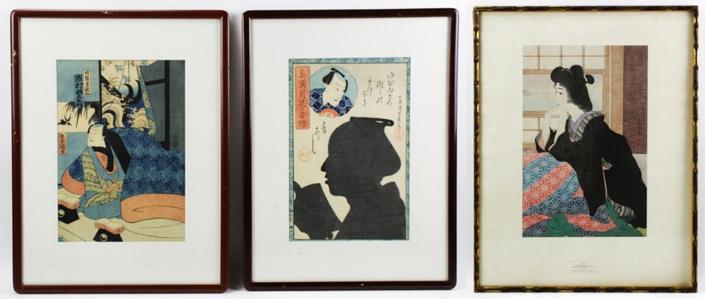 Group of Japanese Woodblock Prints: Group of (3) Japanese woodblock prints, including "Snow" by Torii Kotondo. Largest 16 1/4" x 10 1/4", framed 24" x 18 1/2". Provenance: Estate of Alexander Goykhman.