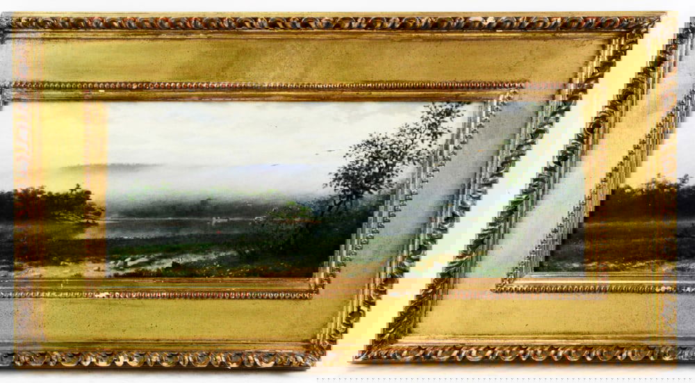 Charles Caryl Coleman, Florentine River Landscape: Charles Caryl Coleman (American, 1840-1928), Florentine river landscape with mist, oil on panel, signed L/L and date 1861, 7" x 17 3/4", framed 12 7/8" x 23 3/4", minor paint loss in the sky. Provenan