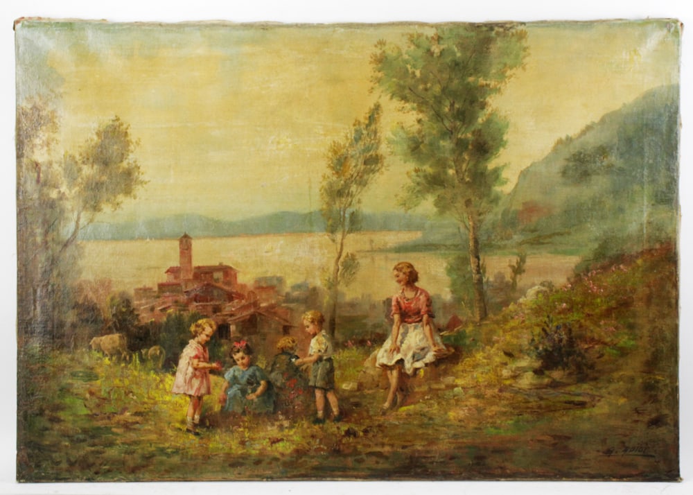 Giuseppe Guidi, Family Scene, Oil on Canvas: Giuseppe Guidi (1884-1935), family scene, oil on canvas, signed L/R, 27 1/2" x 39 1/2", unframed. Paint loss. Provenance: Estate of Alexander Goykhman.