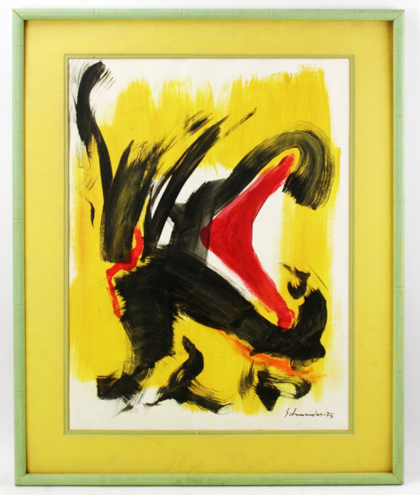 Gerard Schneider, Oil on Paper: Gerard Schneider (1896-1986), oil on paper, signed L/R and dated 1975, 23" x 17 1/4", framed 30 1/2" x 25". Provenance: Estate of Alexander Goykhman.