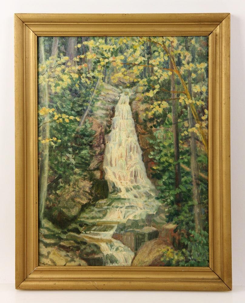 Little, California Cascade, Oil Painting: California cascade, oil on canvas board, signed "R. Little," 16" h x 12" w (view), 18 1/2" h x 14 1/2" w (frame). Provenance: From the estate of the late Harry Reed Everson, an avid collector from Mar