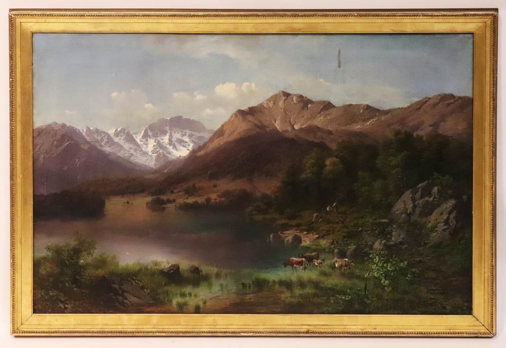 Carl Millner Signed, Lake with Cows and Figures (1 of 7)