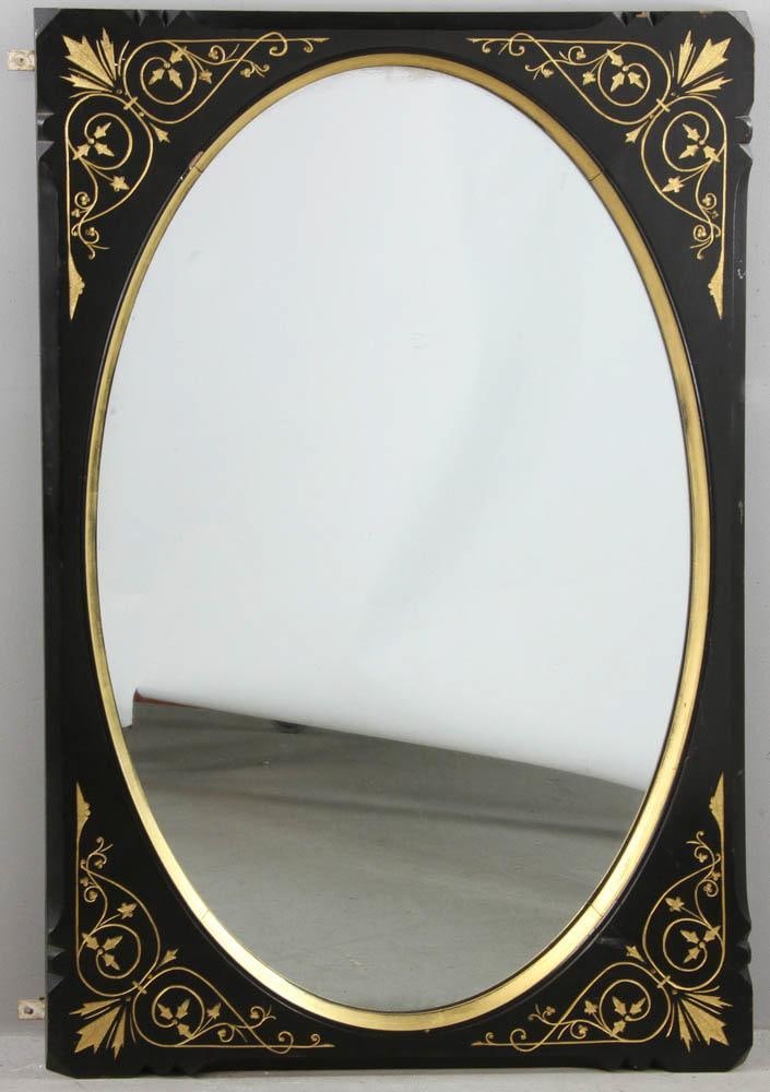 19thC Mirror Ebonized Wood with Gilt Inlay: 19th century mirror, ebonized wood with gilt inlay. Mirror 27" x 41 1/2"; frame 32 1/2" x 37".