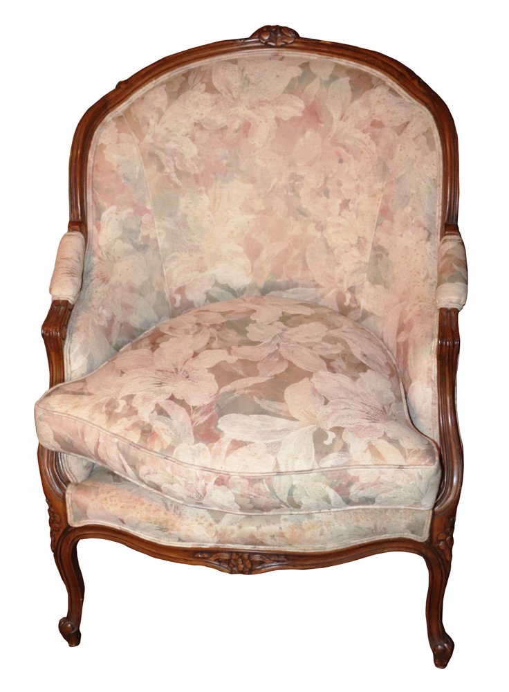 French Upholstered Armchair: French upholstered armchair, 36" H x 28" W x 27" D. Good condition. Provenance: Wayside Estate, 118 McLain St., Bedford Corners, Mount Kisco, New York. PLEASE NOTE: Lot to be picked up from its curren