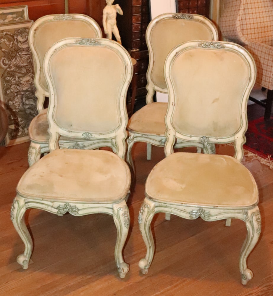 Set of Italian Painted Dining Chairs: Set of (4) Italian painted dining chairs, 40" H x 21" W x 19" D. Need new upholstery. Provenance: Wayside Estate, 118 McLain St., Bedford Corners, Mount Kisco, New York. PLEASE NOTE: Lot to be picked 