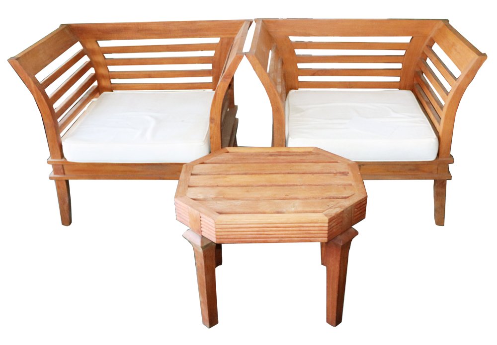 Teakwood Porch Furniture Table and Chairs: Teakwood porch furniture, including pair of chairs, 33" H x 27" W x 39" D, and matching occasional table. Good condition. Provenance: Wayside Estate, 118 McLain St., Bedford Corners, Mount Kisco, New 