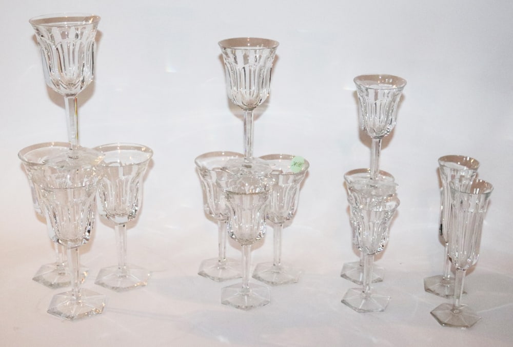 Baccarat Crystal Stemware: Baccarat crystal stemware, including (4) 7 1/2" goblets, (2) 7 1/2" champagned flutes, (4) 7" wine glasses, (3) 6" cordials. Good condition. Provenance: Wayside Estate, 118 McLain St., Bedford Corners