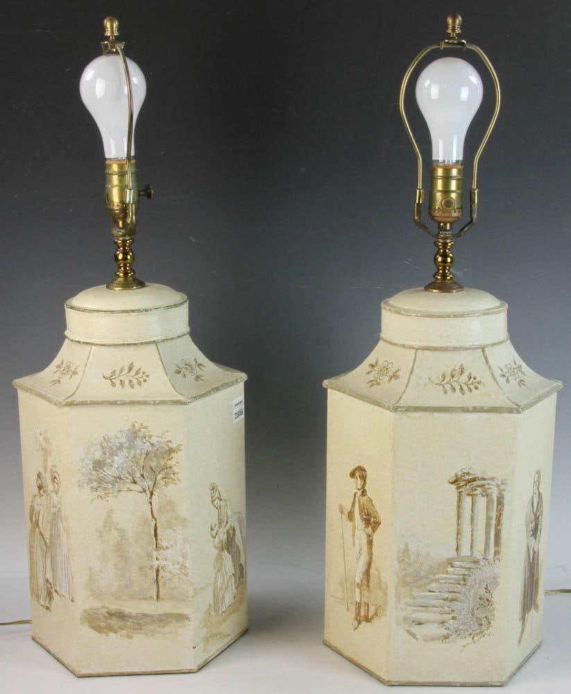 Pair of Chinese Tea Tin Lamps: Pair of Chinese paint-decorated tea tins converted to lamps, 20" H x 9 1/4" diameter. Provenance: Vero Beach, Florida estate.