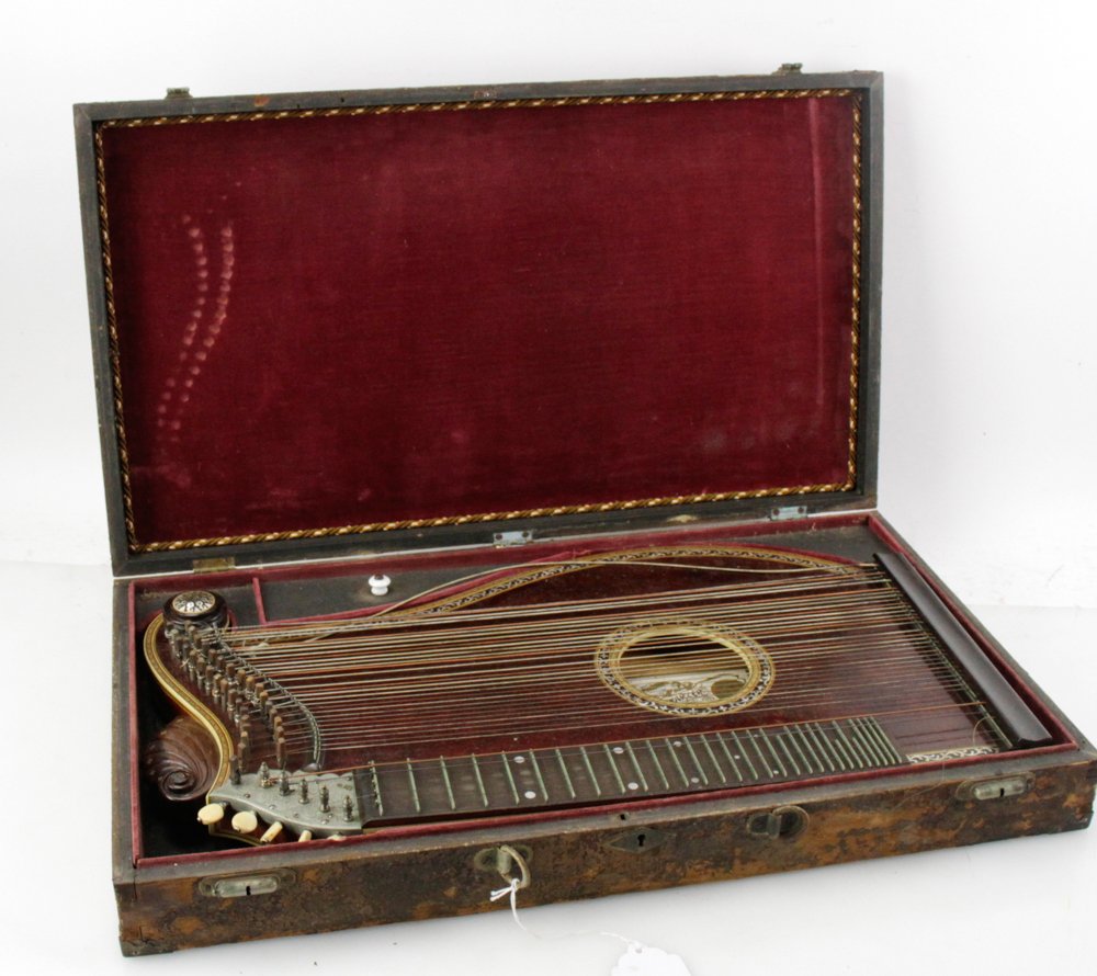 Late 19thC Inlaid Zither by Schwarzer, in Case: Late 19th century zither with inlay by Franz Schwarzer of Washington, Missouri, in original hand-crafted case, 14" x 25". Provenance: Acton, Massachusetts collection.