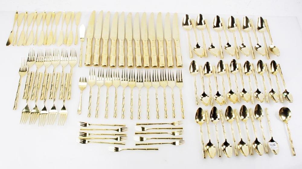 Gold-plated Flatware Set, Bamboo Pattern: Gold-plated flatware set, bamboo pattern, service for (12). Provenance: Boston, Massachusetts estate.